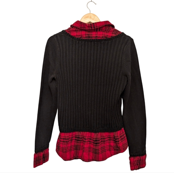 STYLE&CO Black Layered Sweater Red Flannel Plaid Shirt Collar Grunge Goth Large - Picture 3 of 7